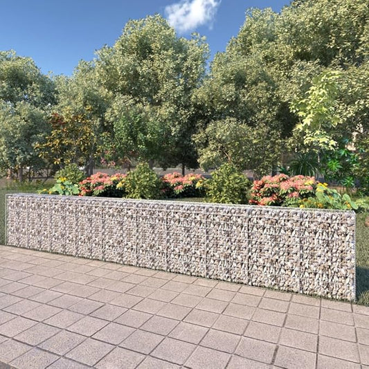 Galvanized Steel Gabion Wall with Covers, Gabion Mesh Wire Wall Panel Galvanized Steel Garden Stone Wire Basket Fencing Patio Decorative Fence, 236"x11.8"x39.4",-184