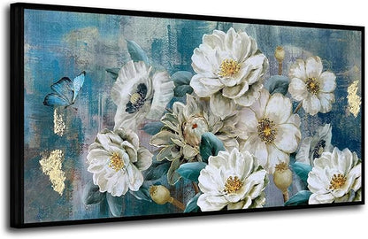 Arjun Large Black Framed Flower Canvas Wall Art for Living Room White Elegant Modern Painting for Bedroom Textured Gold Foil Turquoise Picture Floral Teal Artwork Home Office Decor, 48"x24"