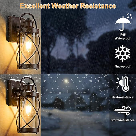 Dusk to Dawn Outdoor Wall Lights Fixtures, Waterproof Exterior Lighting Fixtures with Photocell Sensor,Vintage Coffee-Bronze Metal Cage Lantern Outside Lights for Porch Patio House Garage（2 Pack）