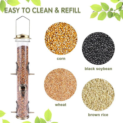 Metal Bird Feeder Tube Hanging Wild Bird Seed Feeder Aluminum Six Port Bird Feeders,1.4 mm Extra Thick Solid Tube Transparent with Steel Hanger Great for Attracting Birds (Bronze 2PK)