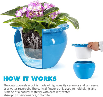 Large African Violet Pots 8 Inch Blue Ceramic Easy Plant Self Watering Pot Ceramic Flowerpot with Water Absorbing Inner Pot Orchid Planter Lawn Yard Outside Decor