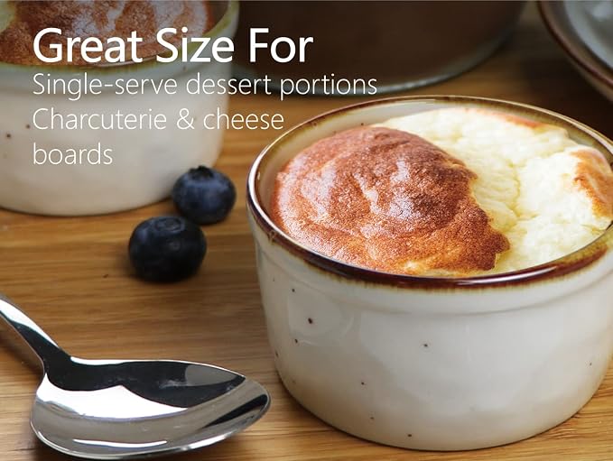 ONEMORE Ramekins 6 oz Oven Safe, Ceramic Souffle Dishes with Brown Rim, Speckled Baking Cups for Creme Brulee Pudding Custard Ice Cream Charcuterie Board Mini Bowls Set of 6 - Creamy White