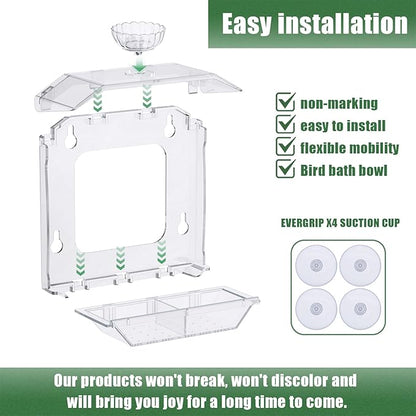 Clear Window Bird Feeder with Strong Suction Cups – Clear Bird Feeding Station with Dual Seed Tray & Water Bowl – Easy to Install and Clean for Outdoor Viewing
