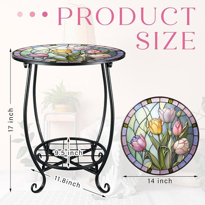 Cinnvoice Outdoor Side Table Round Small Mosaic Patio Accent Indoor End Plant Coffee Tea Table for Yard Patio Porch Garden Living Room, Bedroom(Tulip Style,14 Inch)