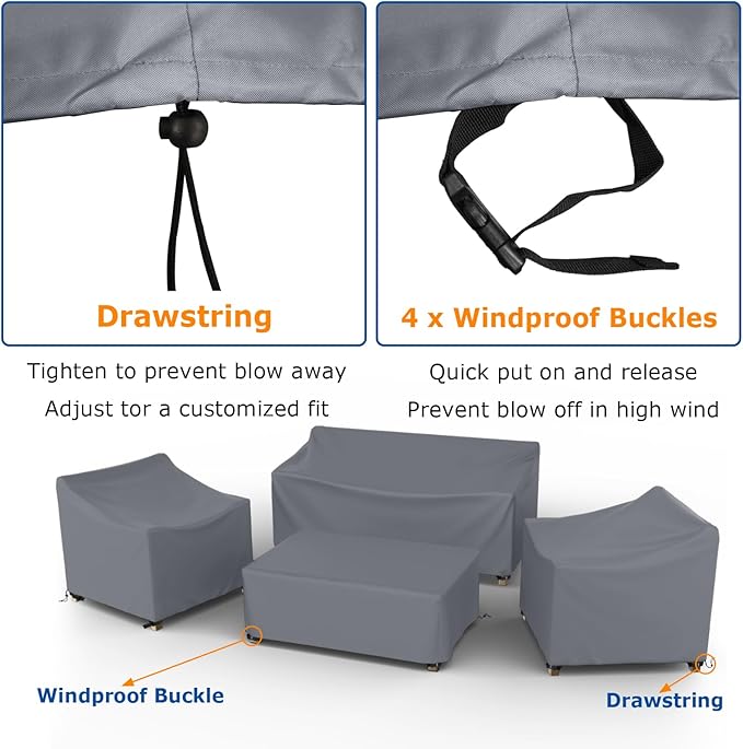 Patio Furniture Covers Set 4 Piece Outdoor Furniture Cover Waterproof, 600D Heavy Duty Lawn Outdoor Patio Furniture Set Covers - Grey Large