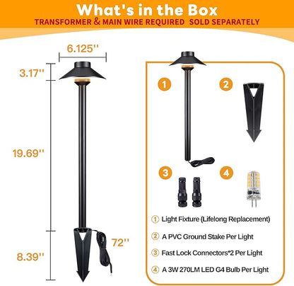 Gardenreet Brass Low Voltage Path Lights - 12V LED Landscaping Pathway Lamp IP65 Waterproof, Wired Walkway Lighting Outdoor, Black for Lawn Backyard with 3W 4000K Neutral White G4 Bulb (8 Pack)