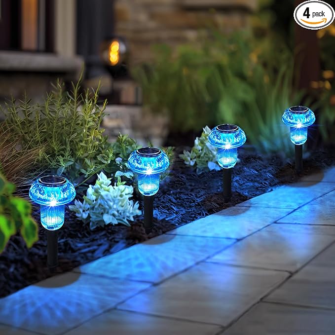 Easter Solar Pathway Lights Outdoor Decorative 4 Pack, Blue LED Mushroom Solar Lights Outdoor Waterproof Solar Powered Decor for Yard Driveway Patio, Valentines Day Halloween Christmas Garden Decor