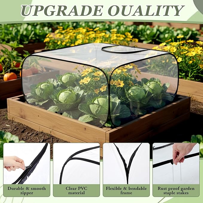 2 Pack Garden Covers for Raised Bed Foldable Clear PVC Greenhouse for Freeze Protection Row Plants Cover Accelerator with Zipper Door Black 39"x39"x20" Protection Vegetable Fruit from Animal