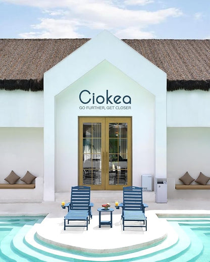 Ciokea Lounge Chair Outdoor Set of 4, Oversized Chaise Lounge Chair with 5 Positions, HDPE, Patio Lounge Chairs with Wheels & Cup Holder for Lawn, Pool, Deck, Poolside, Navy Blue