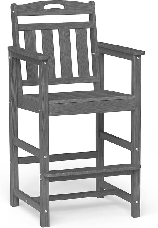 Ciokea Tall Adirondack Chair, HDPE Oversize Bar Chair with Footrest, All-Weather Outdoor Barstools with Back for Balcony, Bistro, Porch, Deck, Pool, Backyard, Grey