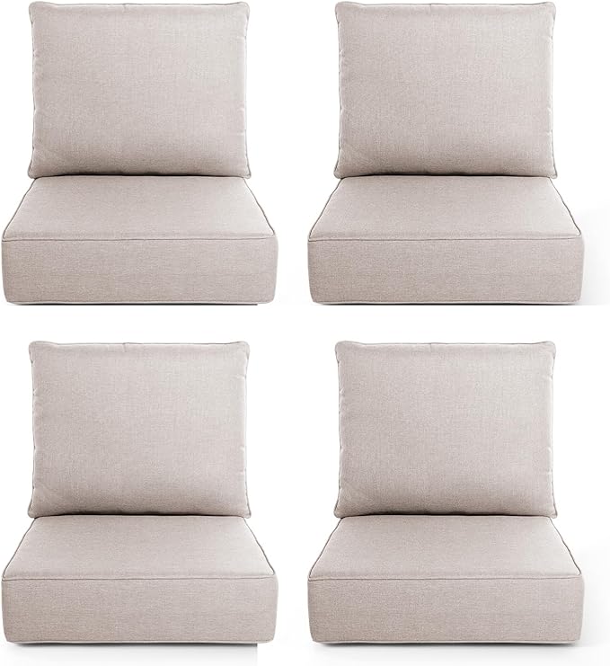 Outdoor Chair Cushions, 6 Inch Thick Patio Seat & Back Cushions Set with Removable Cover, Waterproof Patio Cushions for Outdoor Furniture, 24 x 24 Inch, Beige 4-Set