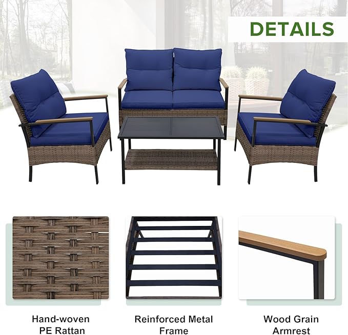 EAGLE PEAK 4 Piece Mojave Dusk Outdoor Conversation Set, Patio Wicker Furniture, Loveseat, 2 Patio Chairs and Coffee Table, Brown/Blue