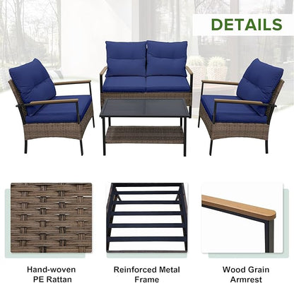 EAGLE PEAK 4 Piece Mojave Dusk Outdoor Conversation Set, Patio Wicker Furniture, Loveseat, 2 Patio Chairs and Coffee Table, Brown/Blue