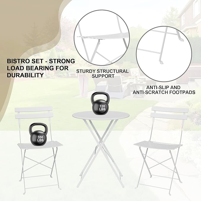 GarveeLife 3-Piece Folding Bistro Set, Foldable Patio Furniture Set with Premium Frame, Outdoor Bistro Table and Chairs Set of 2 for Patio, Garden and Balcony, White