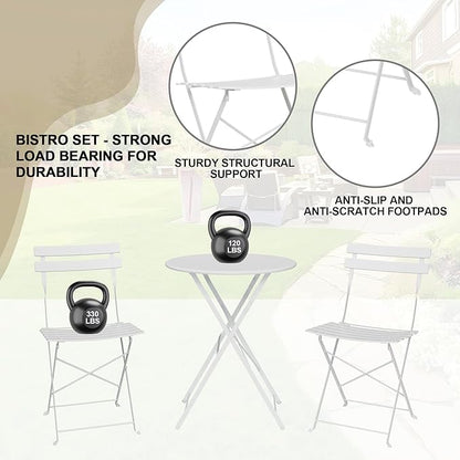 GarveeLife 3-Piece Folding Bistro Set, Foldable Patio Furniture Set with Premium Frame, Outdoor Bistro Table and Chairs Set of 2 for Patio, Garden and Balcony, White