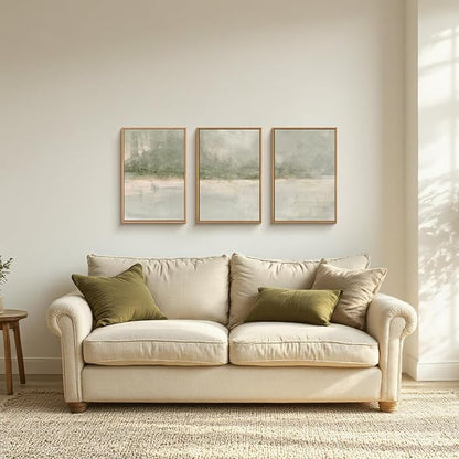 FWIEXA Grey Green Abstract Canvas Wall Art Set 3, Neutral Landscape Framed Prints, Modern Lake Scenery Paintings, Beige 24x36In Watercolor Artwork Poster for Farmhouse, Living Room, Bedroom, Office
