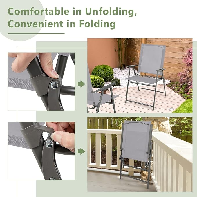 Giantex Patio Folding Chairs, Outdoor Lawn Chairs with Rustproof Metal Frame, Portable Dining Chairs for Porch, Deck, Garden, Backyard, Camping (1 Count (Pack of 2), Gray)