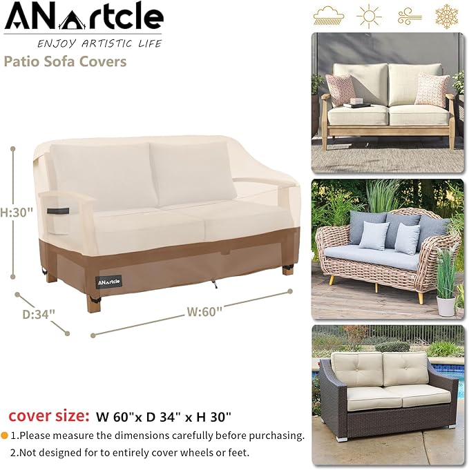 2-Seater Patio Loveseat Cover,60W x 34D x 30H Inches Outdoor Couch Cover,100% Waterproof Heavy Duty Patio Sofa Covers,Patio Furniture Covers,Beige&Brown