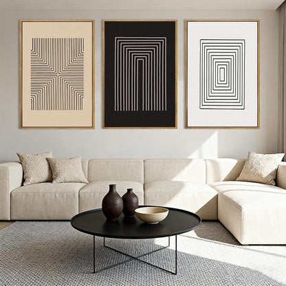 Anyzal Extra Large Abstract Black Framed Wall Art 24x36 Inch Boho Modern Canvas Wall Decor Brown White Minimalist Art prints for Living Room Bedroom Office Set of 3
