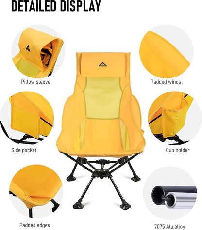 iClimb Ultralight Compact Camping Folding Beach Chair with Anti-Sinking Large Feet (Yellow - Triangular Frame High Back - 2PC)