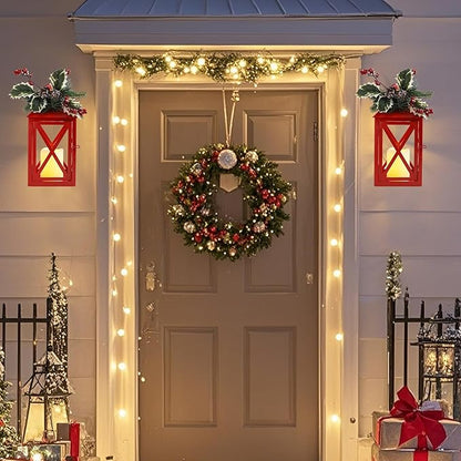 Christmas Lanterns Decorative Outdoor, Waterproof 14.2" Decorative Christmas Red Lantern Indoor Decor Metal Hanging Candle Holder LED Flameless Candle Lantern for Patio, Porch, 2 Packs