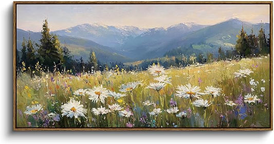 InSimSea Extra Large Framed Vintage Wall Art, Living Room Country Farmhouse Decor, Alpine Meadow Wildflowers Landscape Canvas Prints, Scenery Long Picture for Bedroom Above of Bed,20x40inch