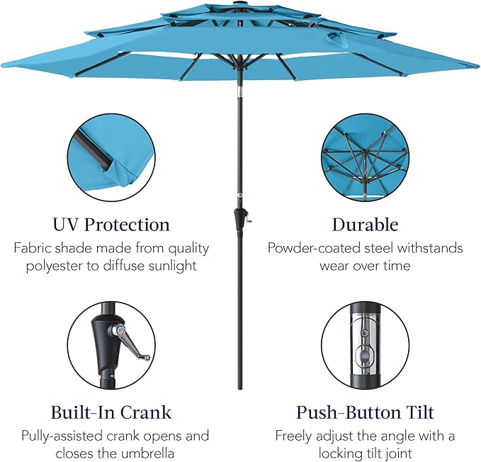 Best Choice Products 10ft 3-Tier Market Patio Umbrella, Outdoor Sun Shade with Tilt, Crank Lift, 8 Ribs for Backyard, Deck, Poolside – Sky Blue