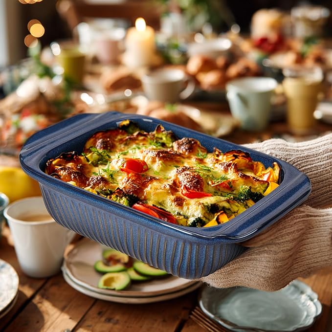 Artena Baking Dish 2.3 Quarts, Casserole Dishes For Oven, Baking Pan With Handles, Lasagna Pan Deep, Large Casserole Dish, Rectangular Ceramic Bakeware (Blue, With Rack)