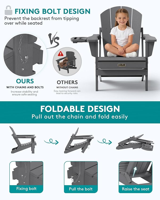 SERWALL Folding Adirondack Chair Set of 2, HIPS Adirondack Chairs with 4 in 1 Multi-Functional Cup Holder, Weather Resistant Plastic Chairs for Patio Garden Outdoors Fire Pit- Gray