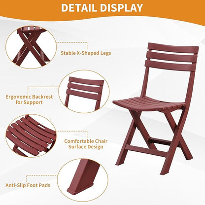 Patio Bistro Set, 3 Piece Plastic Folding Bistro Set, Portable Outdoor Patio Table and Chairs Set, Foldable Patio Furniture Set for Balcony, Porch, Backyard, Garden,Poolside (Red)