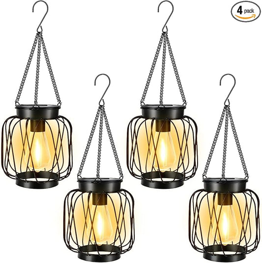 Solar Lanterns Outdoor 4 Pack, Metal Solar Hanging Lanterns with Hook - Outdoor Hanging Lantern Lights Waterproof, Bright Warm Lantern Decor for Outside Garden Yard Patio Pathway