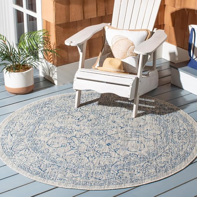 SAFAVIEH Washable Rug Outdoor Courtyard Collection - 5'3" Round, Grey & Navy, Non-Shedding & Easy Cleaning, Ideal for Patio, Backyard, Mudroom (CY8680-36812)