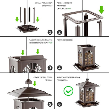 Birdream Bird Feeders for Outdoor Hanging, Assembly Required, 1-Min Easy Setup, Classic Courtyard Design, Attracting Cardinals Chickadees Goldfinches & Sparrows - Brown