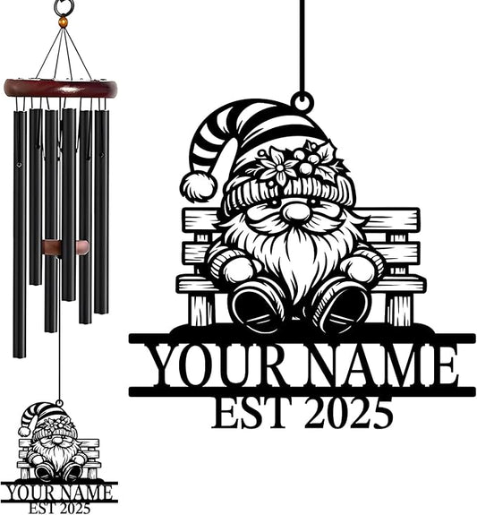 Personalized Customize Name Gnome Wind Chime, Metal Iron 37 Inch Outdoor Memorial Gift for Garden Yard Patio Home Decor, Black，Christmas (Style C)
