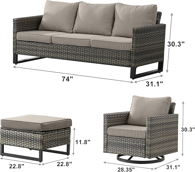 Rilyson Wicker Outdoor Patio Furniture Set - 5 Piece Patio Conversation Set with 2 Swivel Rocker Chairs,2 Rattan Ottoman and 1 Couch for Outside Porch Deck Backyard Garden(Mixed Grey/Grey)
