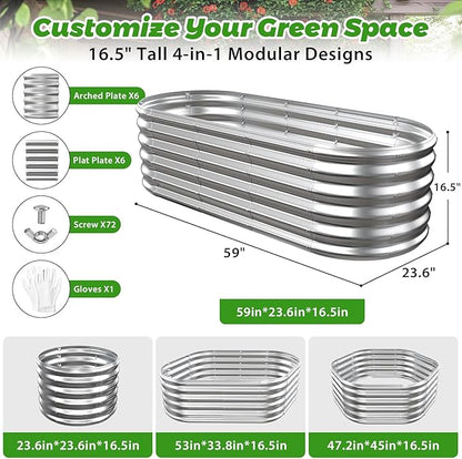 YSEJOMP 17" Tall Outdoor Garden Raised Garden Bed Kits, 5ft X 2ft Oval,0.8MM Thick Metal Raised Planter Bed/Ground Planter Box for Variety of Flowers,Herbs,Vegetables (Silver, 60X24X16.5 Inches)
