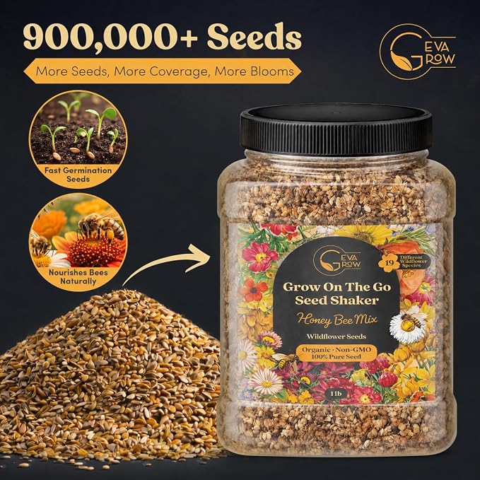 Bulk Wildflower Seed Mix – Honey Bee Wildflower Seed Mix 1 Pound Tub by GevaGrow | Bulk 300,000+ Seed Tub | 19 Variety Flower Seeds for Planting in Pots & Outdoor Gardens | No Messy Bags or Packets |