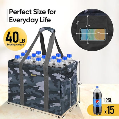 BALEINE Extra Large Utility Tote Bag with Reinforced Wire Frame, Reusable Grocery Bag for Shopping, Picnic (Grey Camouflage, 16.5''x14''x10'')
