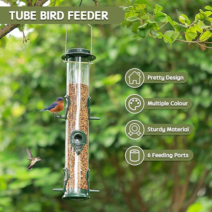 Metal Bird Feeder Tube Hanging Wild Bird Seed Feeder Aluminum Six Port Bird Feeders,1.4 mm Extra Thick Solid Tube Transparent with Steel Hanger Great for Attracting Birds (Green 2PK)