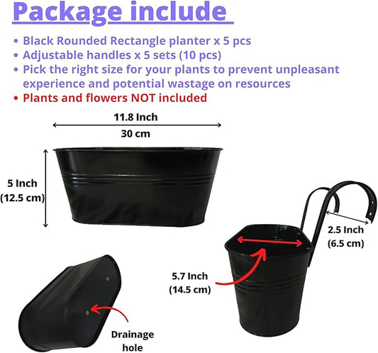 LaLaGreen Rail Planter Outdoor Plants(5 Pack, 11.8 Inch) Black Metal Iron Hanging Flower Pots Deck Railings Fence Buckets Modern Countryside Boho Style Wall Mount Window Box Plant Holder Porch Decor