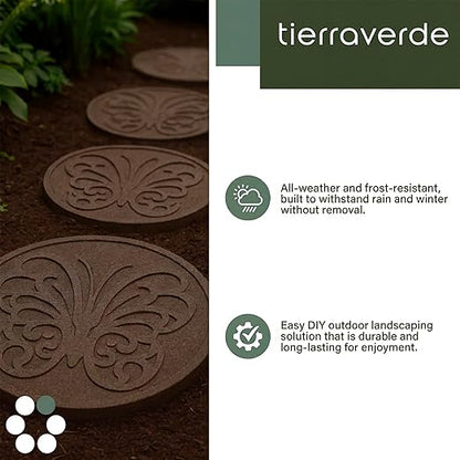 TierraVerde 4-Pack 18”x18” Fake Butterfly Rubber Stepping Stones, Round, Grey – Reversible Non-Slip Outdoor Faux Decorative Set for Landscaping – DIY Decor for Walkways & Yard Pathways