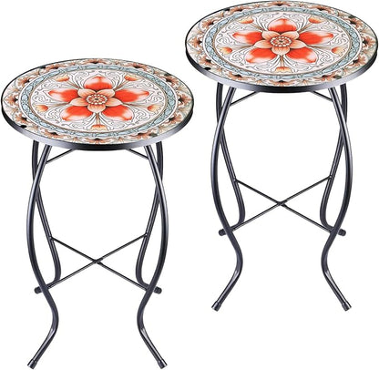Arbuxzuy 2PCS 12 Inch Small Outdoor Side Table with Pink Flower, Glass Mosaic Patio Table Indoor, Round Plant Coffee Table for Living Room, Balcony, Garden