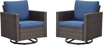 Rilyson Outdoor Patio Swivel Rocker Chairs - Wicker Patio Swivel Rocking Chairs Set of 2 with Waterproof Wicker,Comfortable Cushions and Sturdy Metal Frame for Outside Porch Deck Backyard(Brown/Blue)