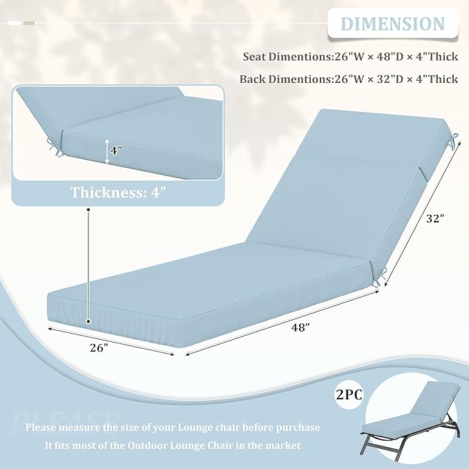 2 Pcs Chaise Lounge Cushions Outdoor, 80" L X 26" W X 4" D Lounge Chair Cushions for Outdoor Furniture, High-Density Foam Patio Chaise Cushion-Waterproof Fade-Resistant ThickPatio lounge chair cushion