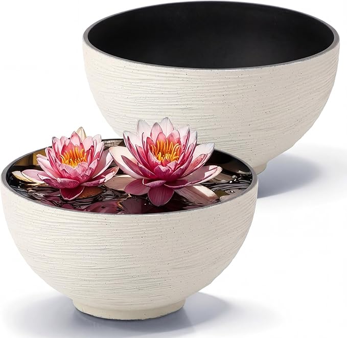 2 Pcs 13.8 Inch Lotus Bowl Planter Large Water Lily Pots Succulent Hydroponic Bowl Pot Flower Planting Pot for Outdoor Indoor Plant Mini Fish Pond No Drainage Hole(Quartz White)