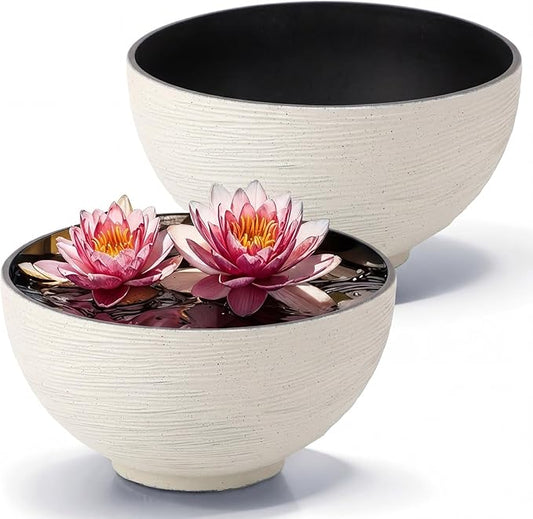 2 Pcs 13.8 Inch Lotus Bowl Planter Large Water Lily Pots Succulent Hydroponic Bowl Pot Flower Planting Pot for Outdoor Indoor Plant Mini Fish Pond No Drainage Hole(Quartz White)
