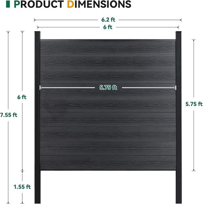 Mondaria Privacy Fence for Outside, 6ftx6ft Outdoor Privacy Panels with In-ground Post, Wind Resistant Wood Plastic Composite Fencing for Patio, Backyard, Garden and Swimming Pool (Black with 2 posts)