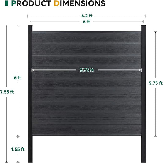Mondaria Privacy Fence for Outside, 6ftx6ft Outdoor Privacy Panels with In-ground Post, Wind Resistant Wood Plastic Composite Fencing for Patio, Backyard, Garden and Swimming Pool (Black with 2 posts)