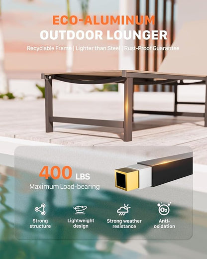 Chaise Lounge Chair Outdoor,Aluminum Patio Lounge Chairs Set of 2, Adjustable 5-Position Recliner and Full Flat Tanning Chair with Pillow for Pool, Outside,Beach,Khaki