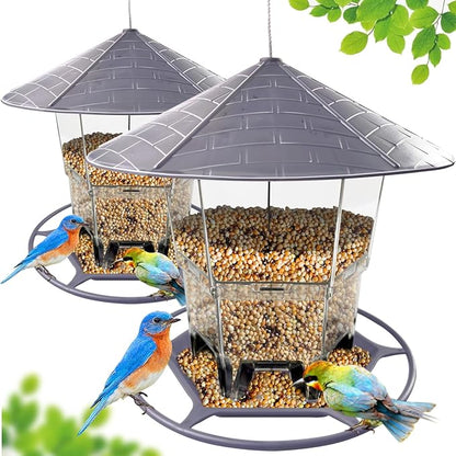 Bird Feeders for Outdoors 2 Pack, Adjustable Sturdy Wire and Roof, Plastic Bird Feeder for Garden, Backyard, Terrace